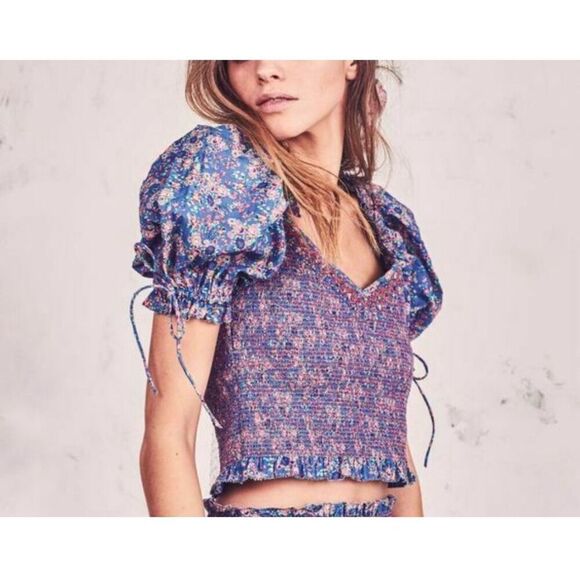 Loveshackfancy Blue Floral Smocked Coquette Tilly Cropped Top and Iva Midi Skirt - Picture 1 of 16